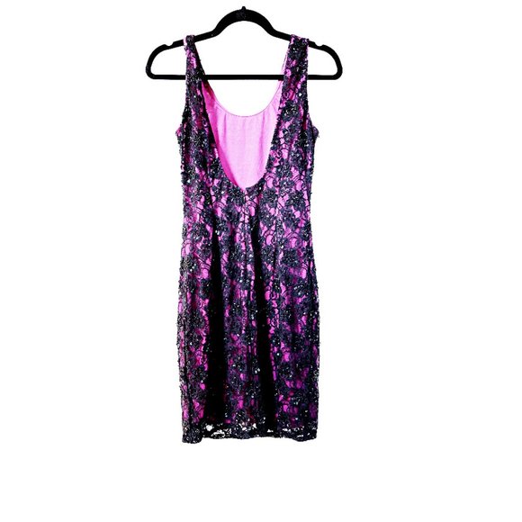 Adrianna Papell Evening Black Lace and Beaded Cocktail Dress Over Purple Size 6 - Picture 3 of 3